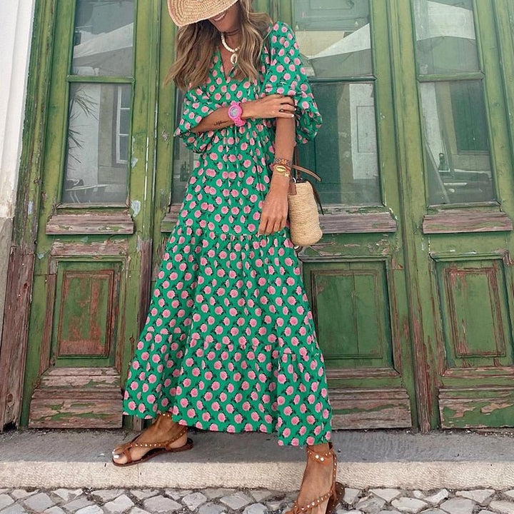 Ava | Women's Printed Pattern Maxi Dress with Puff Sleeves and V-neck