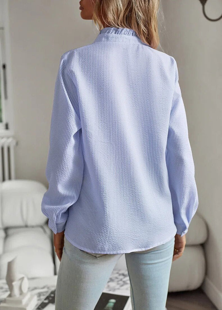 Sorevia | Women's Striped Button Up Blouse with Ruffles and Long Sleeve