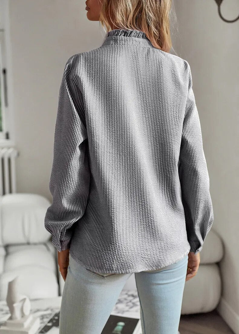 Sorevia | Women's Striped Button Up Blouse with Ruffles and Long Sleeve