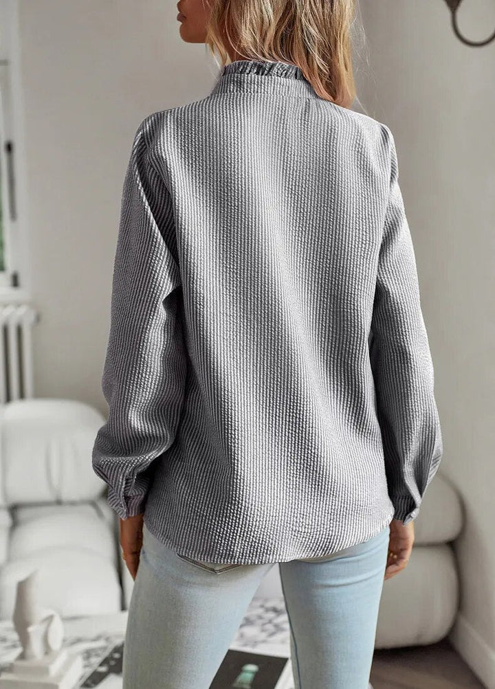 Sorevia | Women's Striped Button Up Blouse with Ruffles and Long Sleeve