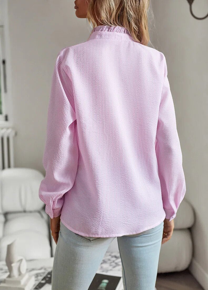 Sorevia | Women's Striped Button Up Blouse with Ruffles and Long Sleeve