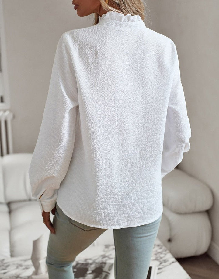 Sorevia | Women's Striped Button Up Blouse with Ruffles and Long Sleeve