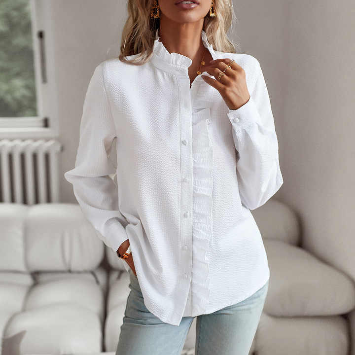 Sorevia | Women's Striped Button Up Blouse with Ruffles and Long Sleeve