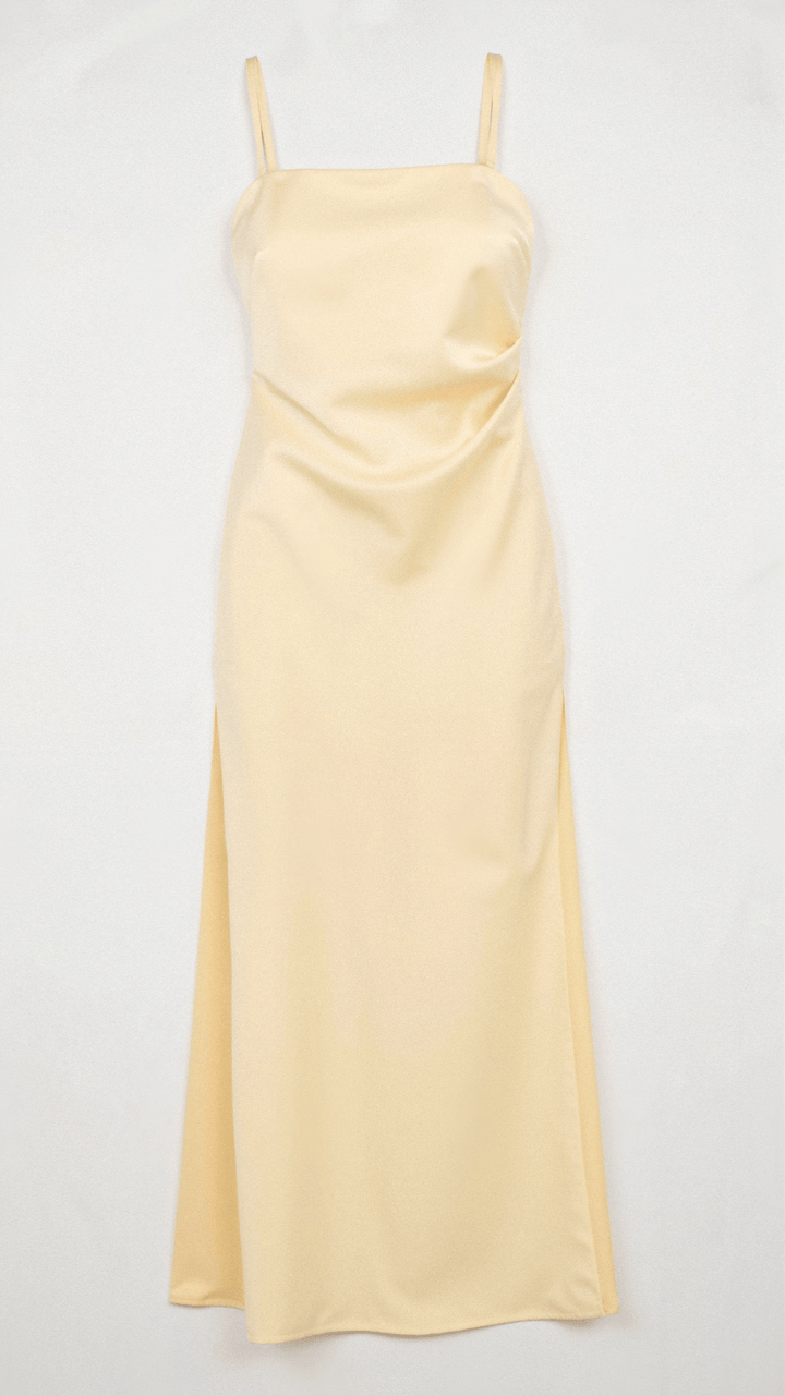 Solenne | Women's Spaghetti Strap Satin Dress with Wrap Skirt and Slit