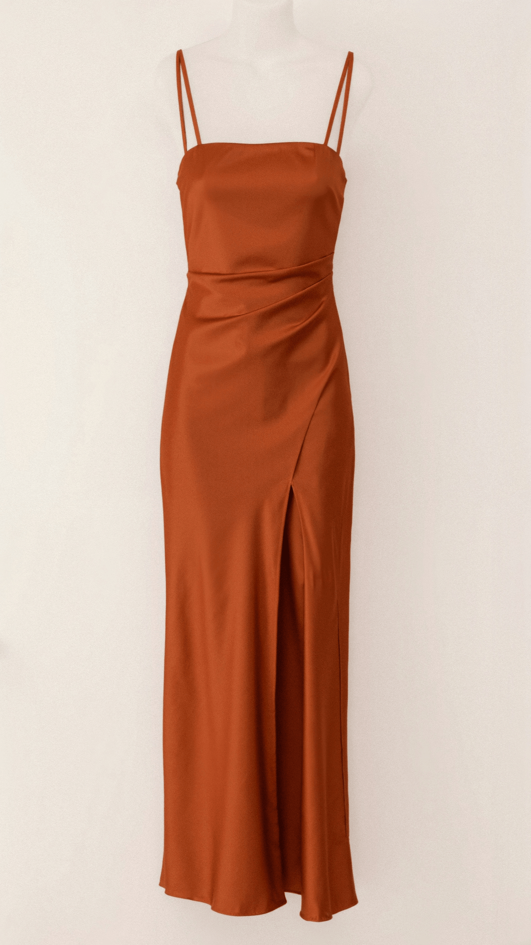 Solenne | Women's Spaghetti Strap Satin Dress with Wrap Skirt and Slit