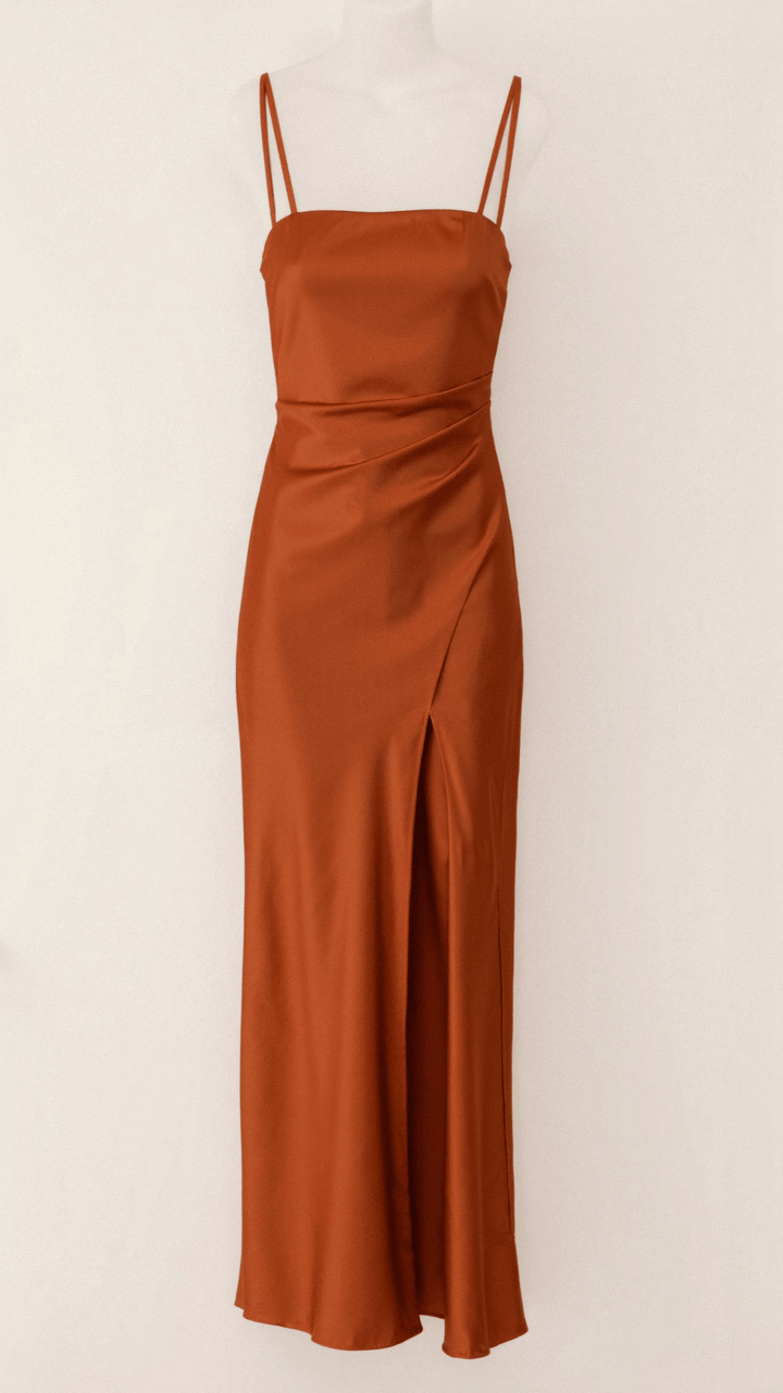 Solenne | Women's Spaghetti Strap Satin Dress with Wrap Skirt and Slit