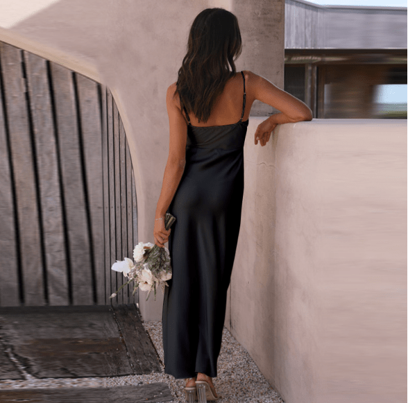 Solenne | Women's Spaghetti Strap Satin Dress with Wrap Skirt and Slit