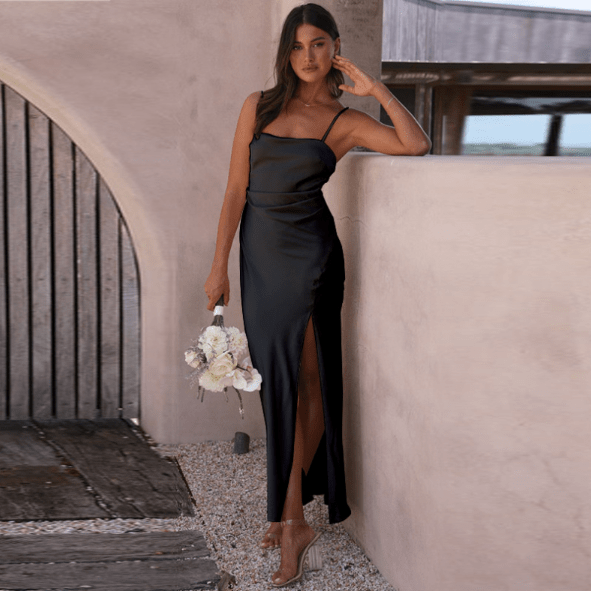 Solenne | Women's Spaghetti Strap Satin Dress with Wrap Skirt and Slit