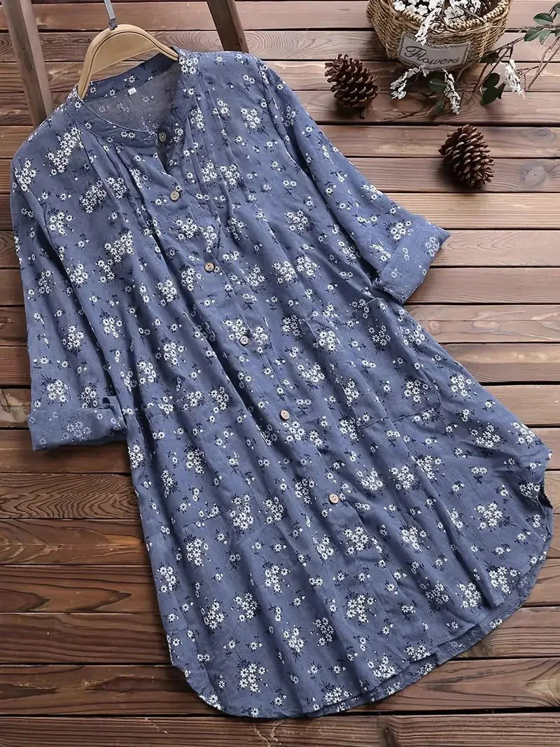 Brinara | Women's Classic Folded Sleeve Floral Blouse with Buttons