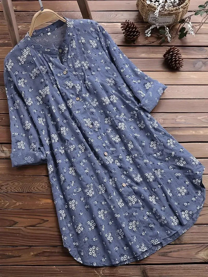 Brinara | Women's Classic Folded Sleeve Floral Blouse with Buttons