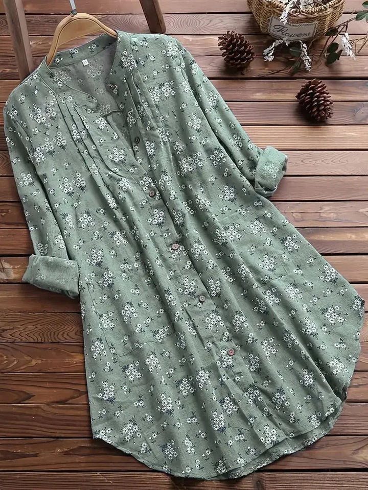 Brinara | Women's Classic Folded Sleeve Floral Blouse with Buttons