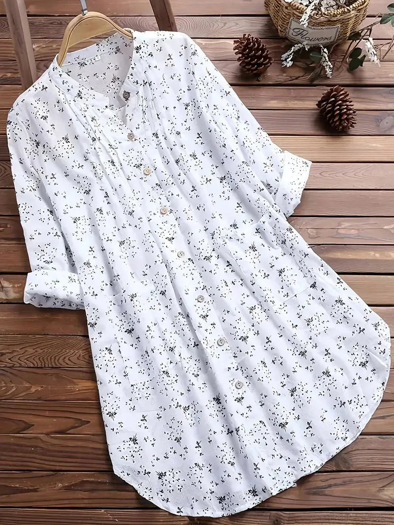 Brinara | Women's Classic Folded Sleeve Floral Blouse with Buttons