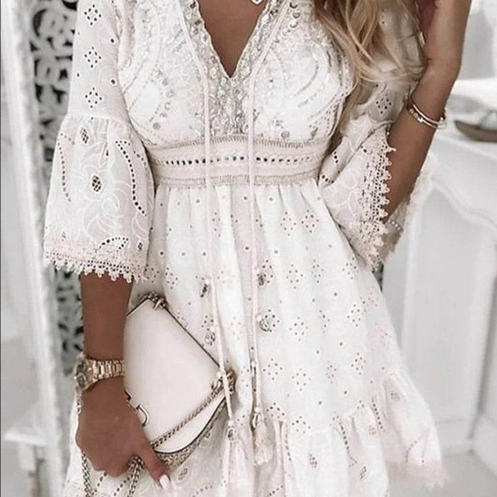 Zirelle | Women's Boho Eyelet Mini Dress with Drawstring V-neck