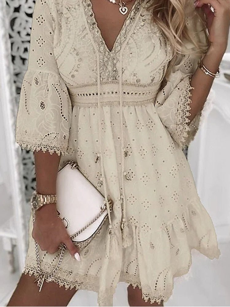 Zirelle | Women's Boho Eyelet Mini Dress with Drawstring V-neck