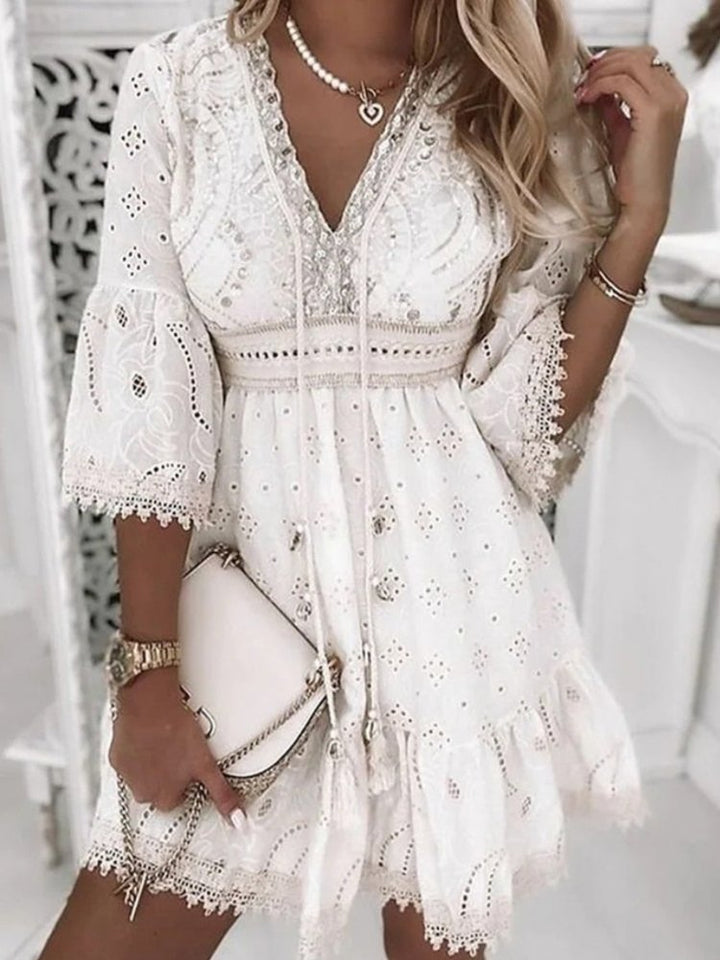 Zirelle | Women's Boho Eyelet Mini Dress with Drawstring V-neck