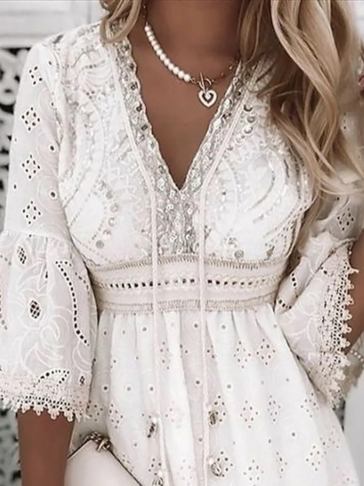 Zirelle | Women's Boho Eyelet Mini Dress with Drawstring V-neck