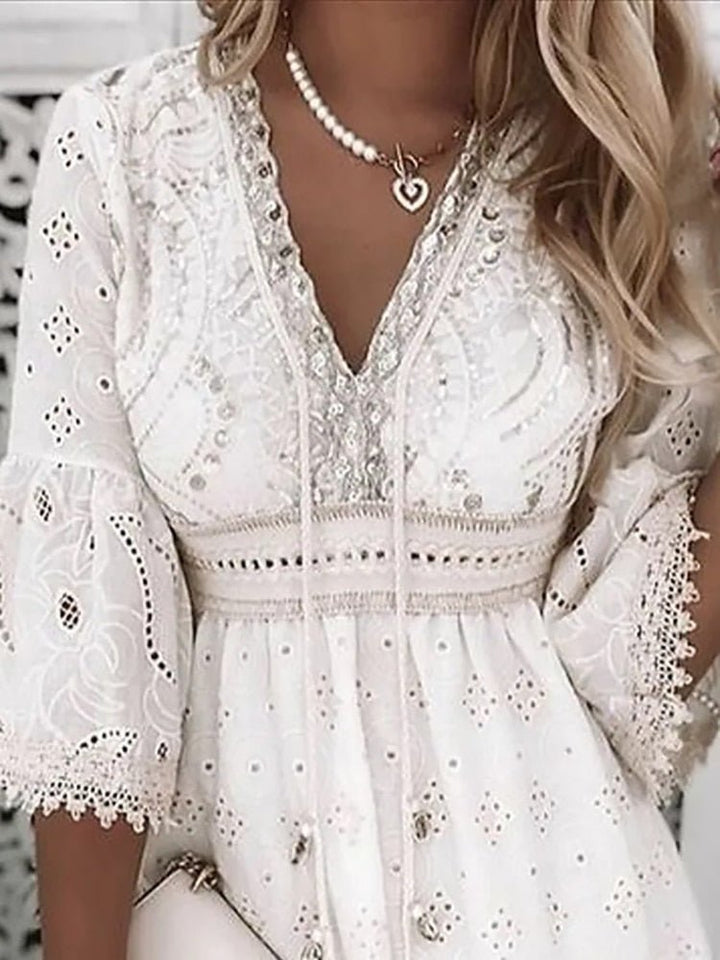 Zirelle | Women's Boho Eyelet Mini Dress with Drawstring V-neck