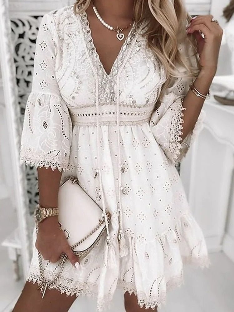 Zirelle | Women's Boho Eyelet Mini Dress with Drawstring V-neck