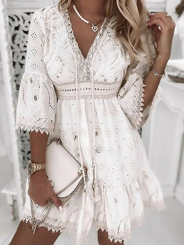 Zirelle | Women's Boho Eyelet Mini Dress with Drawstring V-neck