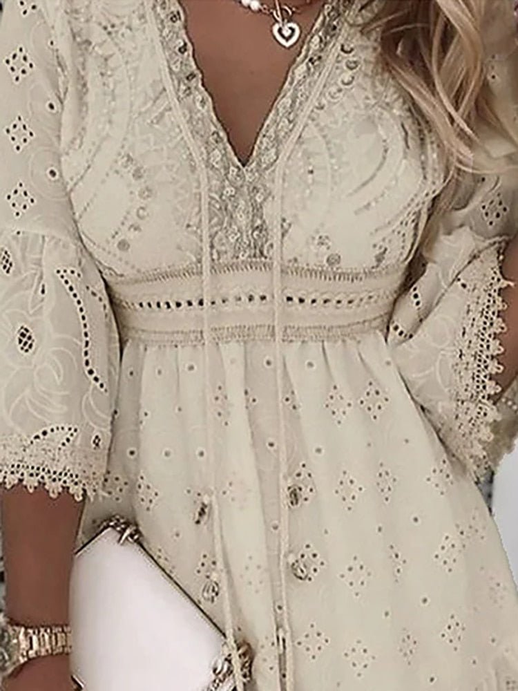 Zirelle | Women's Boho Eyelet Mini Dress with Drawstring V-neck