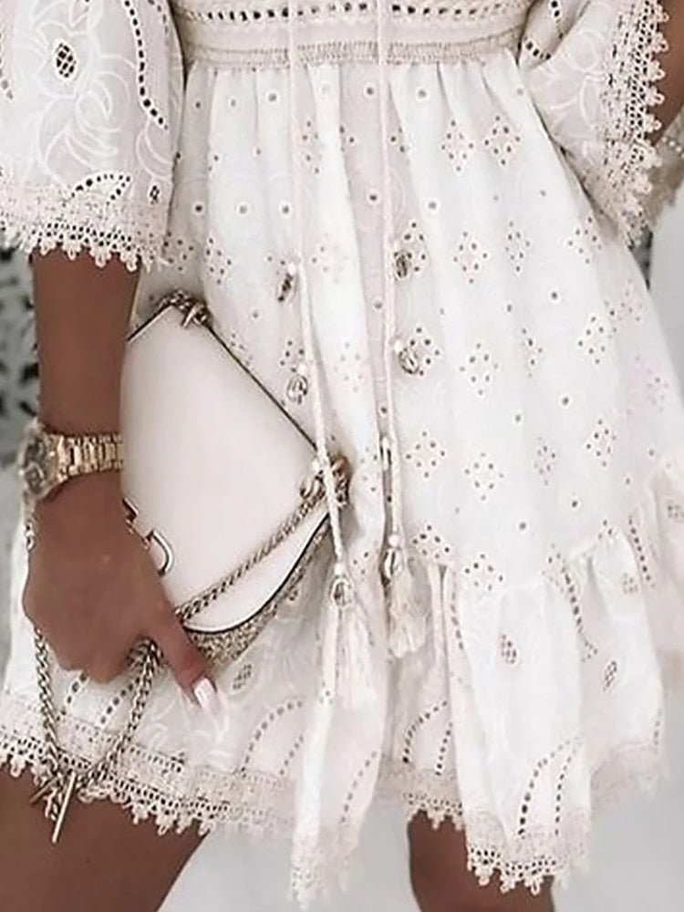 Zirelle | Women's Boho Eyelet Mini Dress with Drawstring V-neck