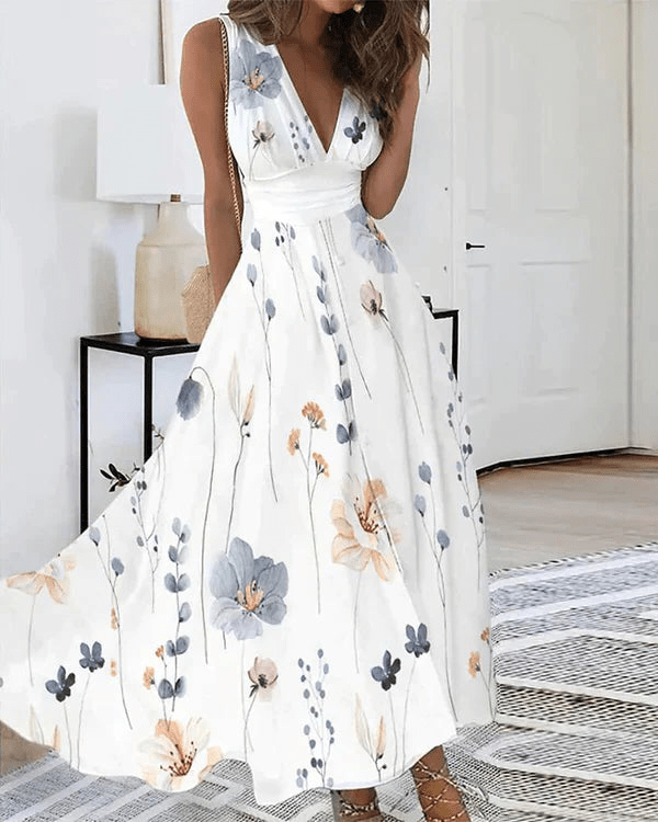 Marvelle | Women's Floral Drape Maxi Dress with V-neck and Slim Waist