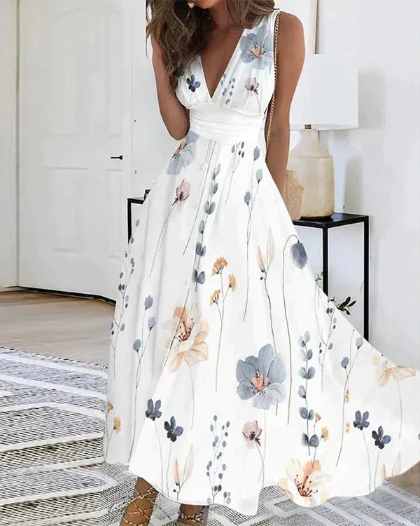 Marvelle | Women's Floral Drape Maxi Dress with V-neck and Slim Waist