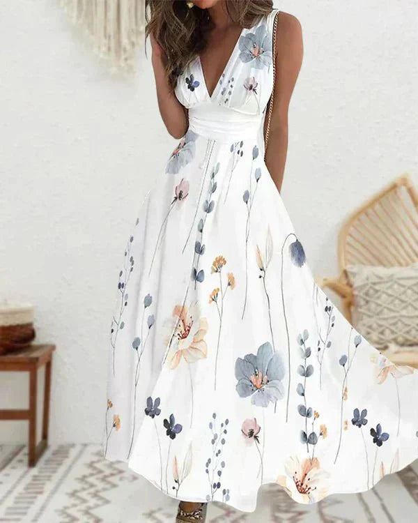 Marvelle | Women's Floral Drape Maxi Dress with V-neck and Slim Waist