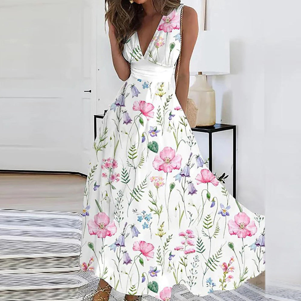 Marvelle | Women's Floral Drape Maxi Dress with V-neck and Slim Waist