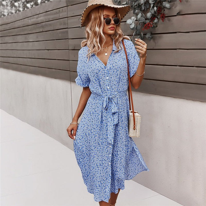 Ravina | Women's Floral Short Sleeve Dress with V-neck and Tie Belt