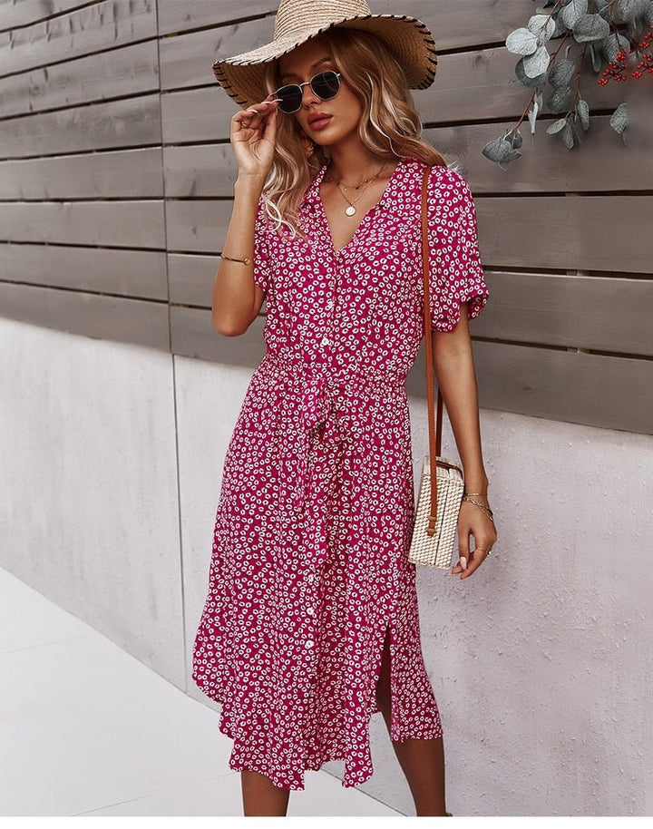 Ravina | Women's Floral Short Sleeve Dress with V-neck and Tie Belt