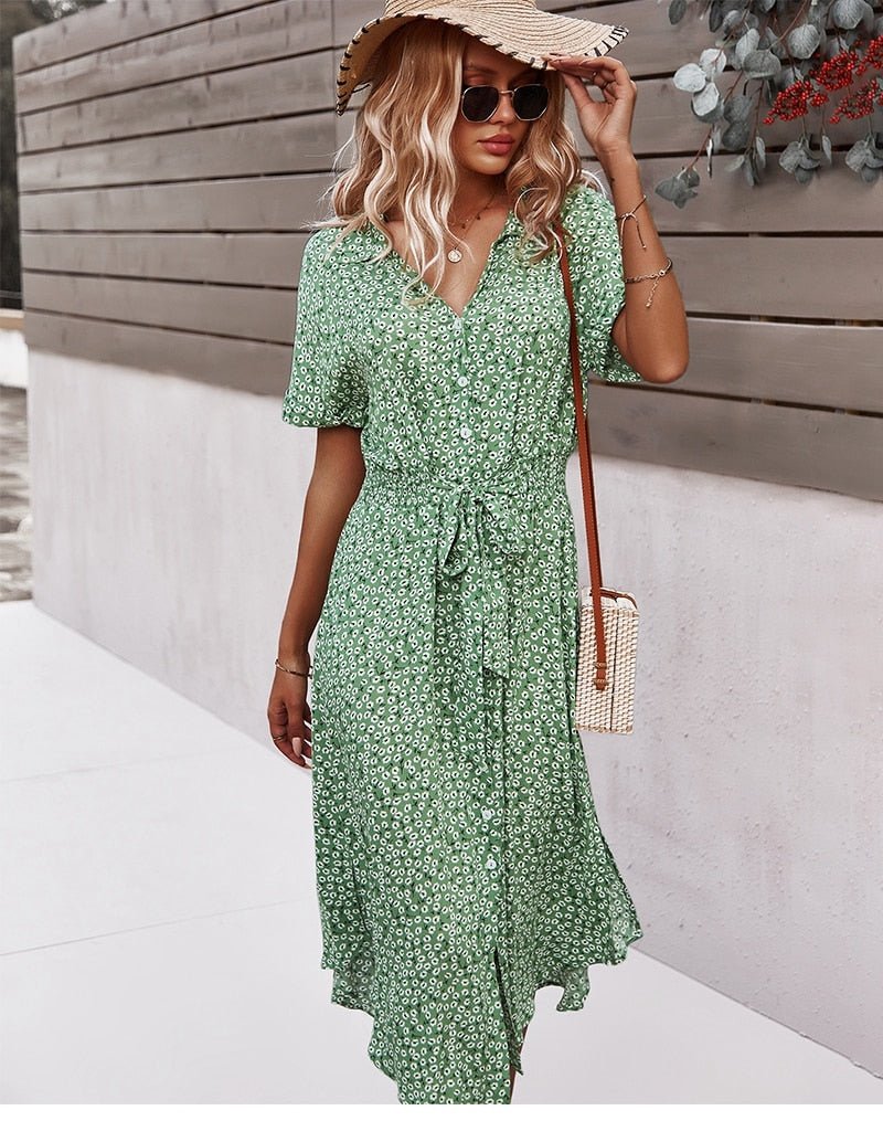 Ravina | Women's Floral Short Sleeve Dress with V-neck and Tie Belt