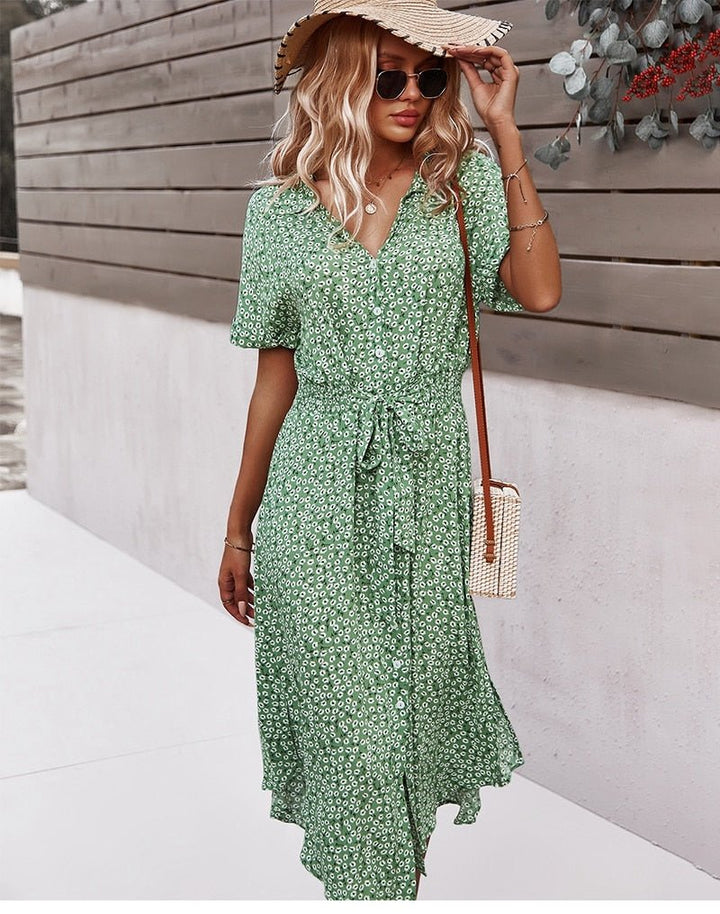 Ravina | Women's Floral Short Sleeve Dress with V-neck and Tie Belt