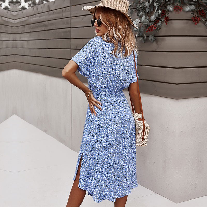Ravina | Women's Floral Short Sleeve Dress with V-neck and Tie Belt