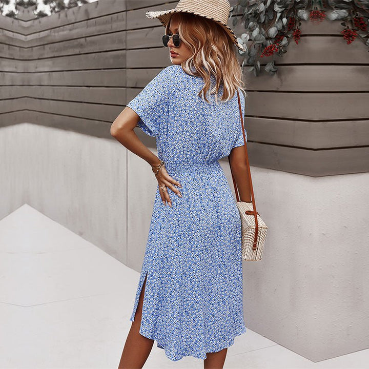 Ravina | Women's Floral Short Sleeve Dress with V-neck and Tie Belt