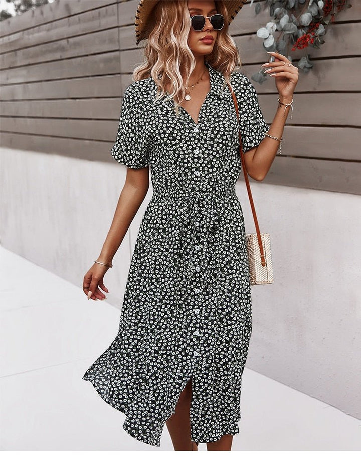 Ravina | Women's Floral Short Sleeve Dress with V-neck and Tie Belt