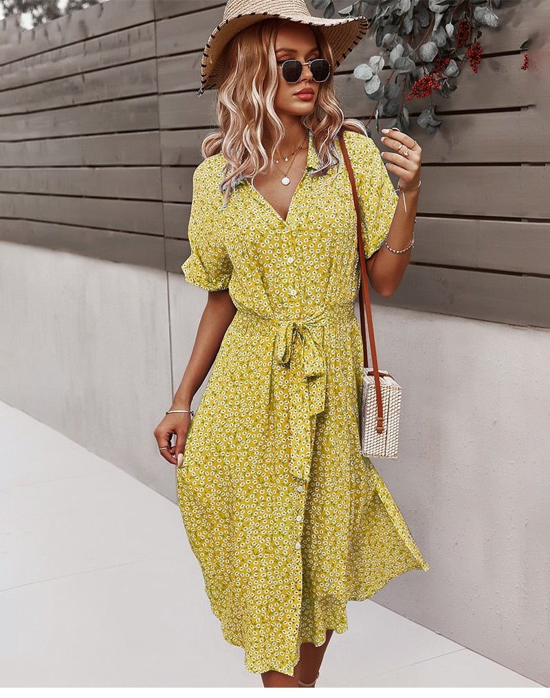 Ravina | Women's Floral Short Sleeve Dress with V-neck and Tie Belt