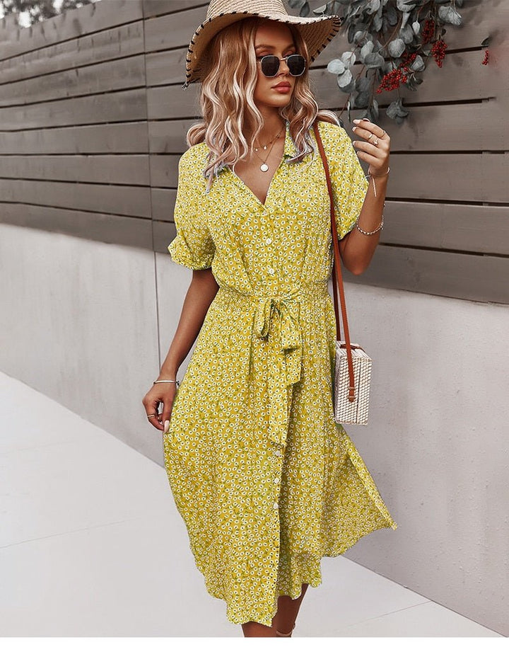 Ravina | Women's Floral Short Sleeve Dress with V-neck and Tie Belt