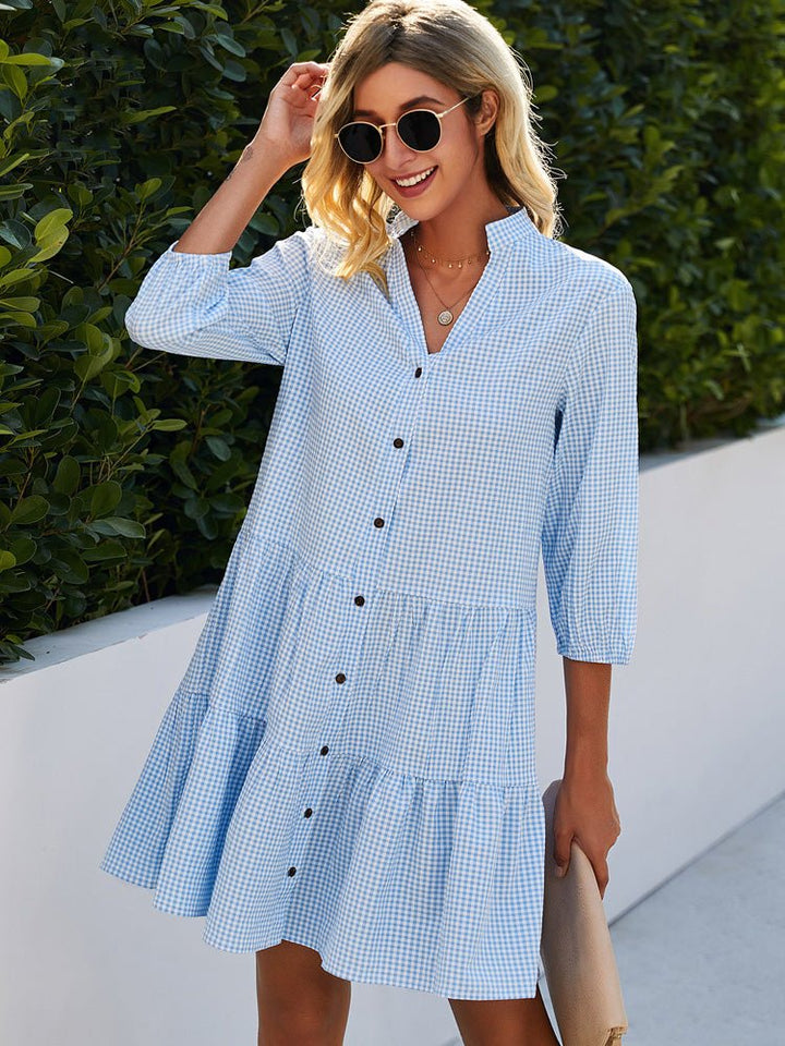 Tahlina | Women's Half Sleeve Checked Midi Dress with Buttons and Tiered Skirt