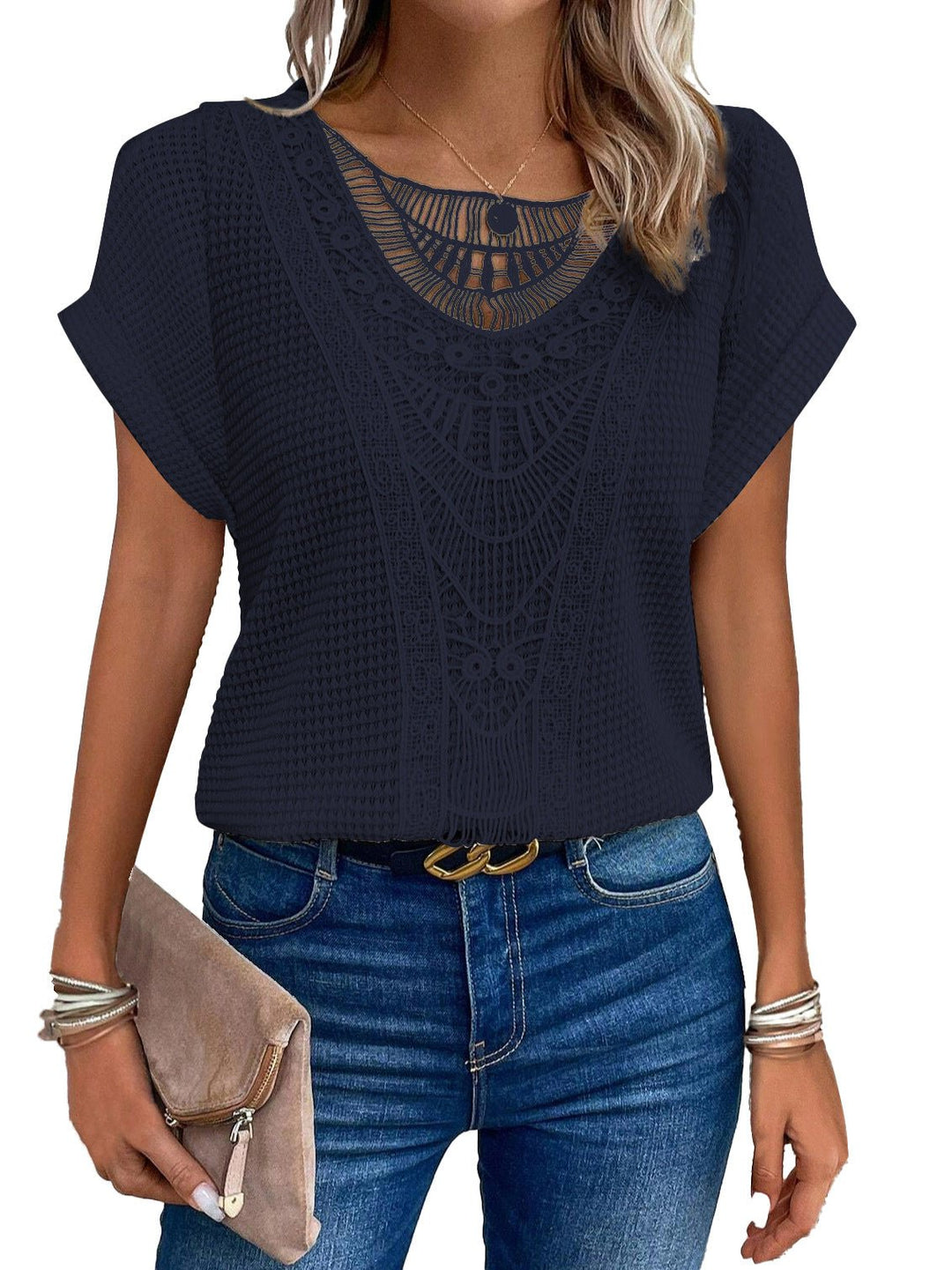 Calira | Women's Knit Lace Blouse with Short Sleeves