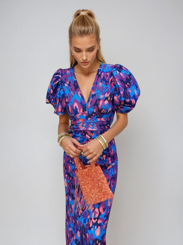 Ariella | Women’s Floral Midi Dress with Puff Sleeves and V-neck