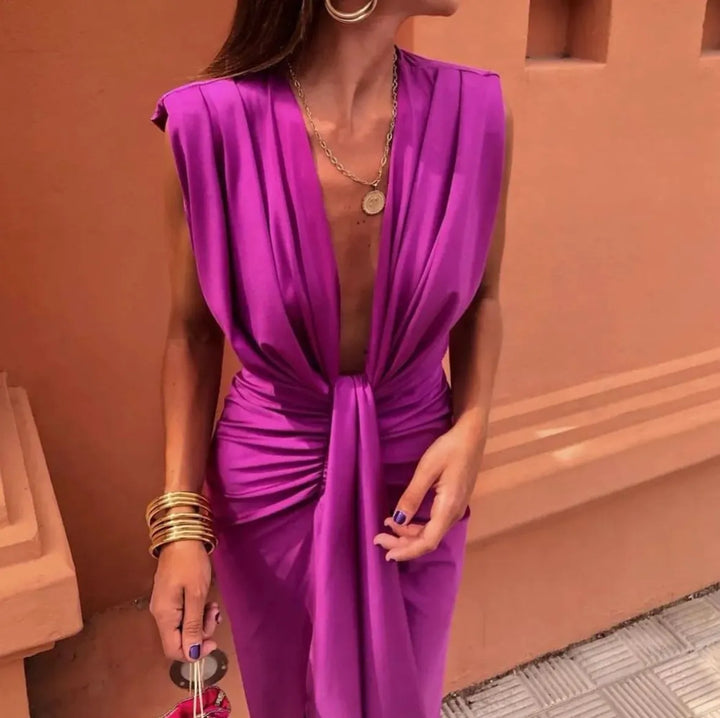 Maristelle | Women’s Sleeveless Deep V-Neck Draped Midi Dress with Front Knot