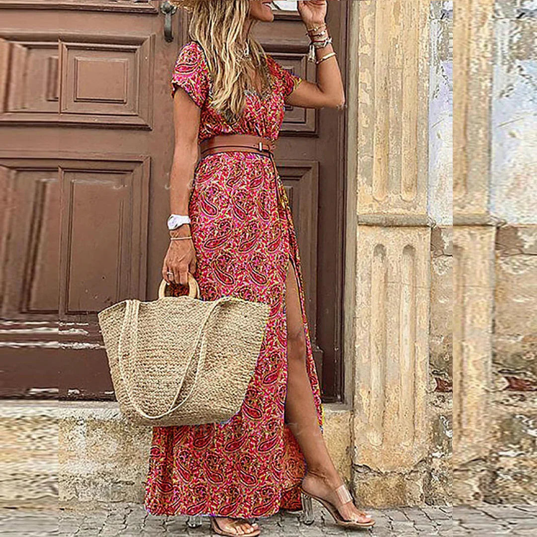 Zephyra | Women's Flowing Boho Style Maxi Dress with Belt and Slit