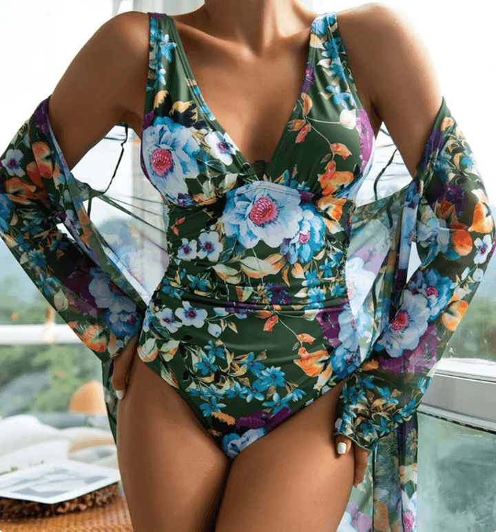 Florienne | Floral Swimsuit Set with Matching Cover Up and One Piece