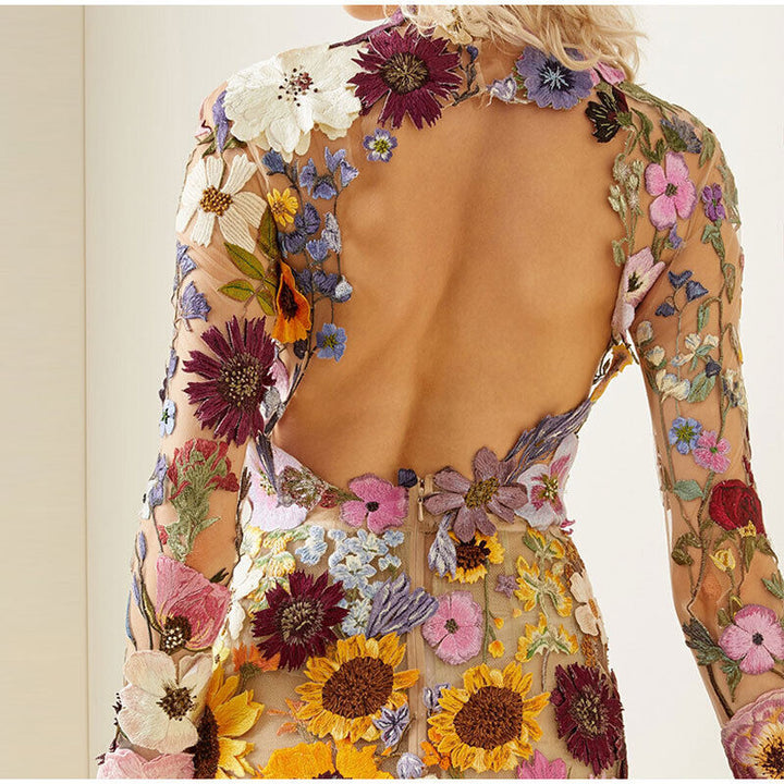 Eloria | Women’s Elegant Floral Detail Mini Dress with Long Sleeves and Open Back