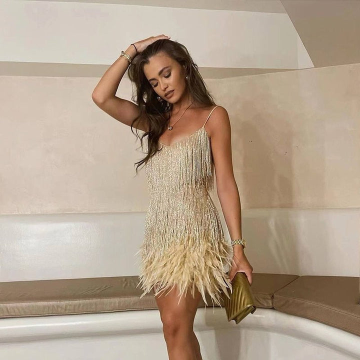 Sadira | Women’s Elegant Sequined Cocktail Dress with Feather Hem