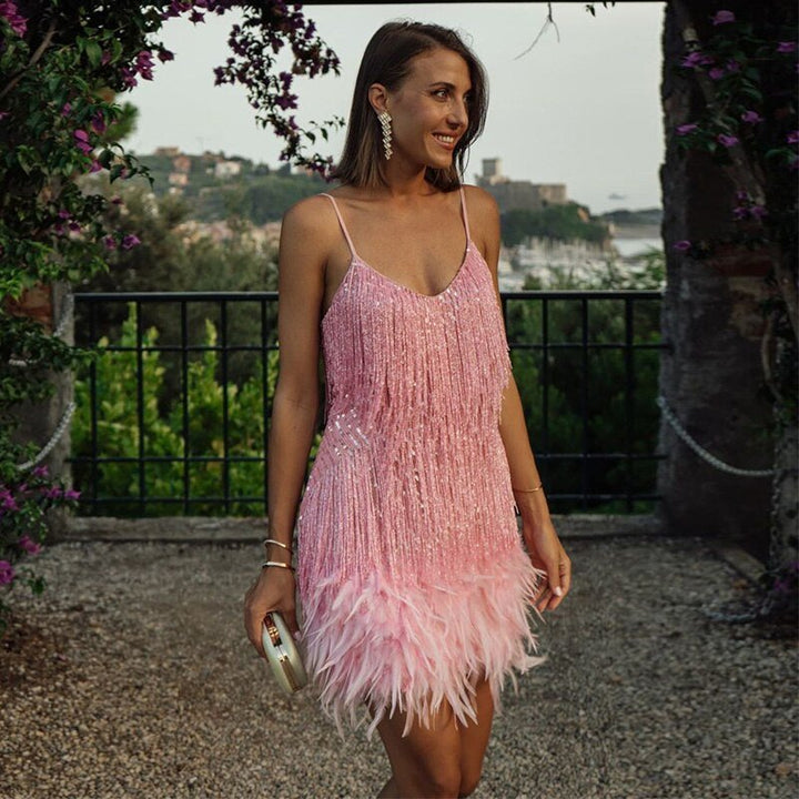 Sadira | Women’s Elegant Sequined Cocktail Dress with Feather Hem