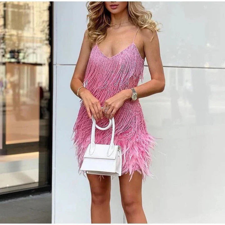 Sadira | Women’s Elegant Sequined Cocktail Dress with Feather Hem