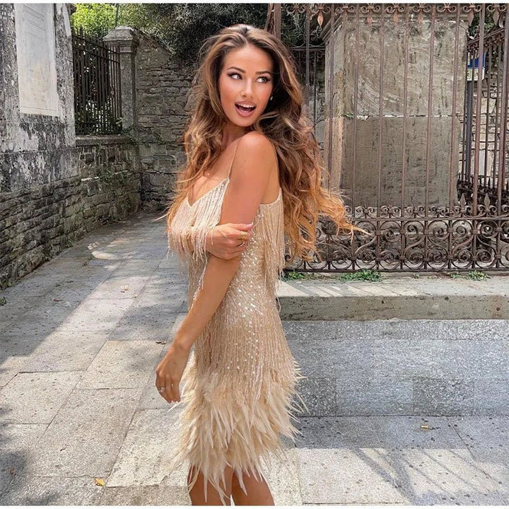 Sadira | Women’s Elegant Sequined Cocktail Dress with Feather Hem