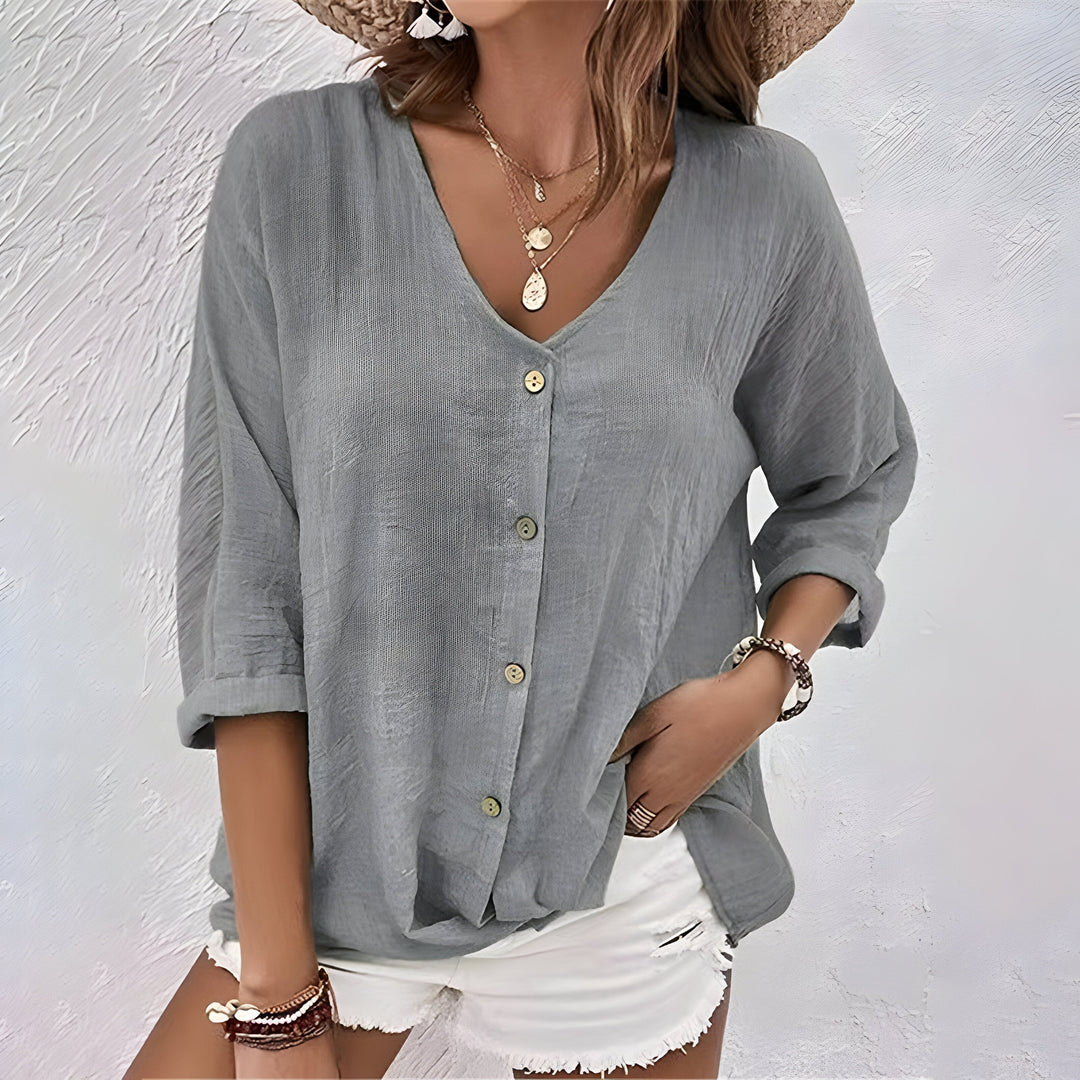 Anette | Women's Loose Button Up Long Sleeve Blouse with V-neck